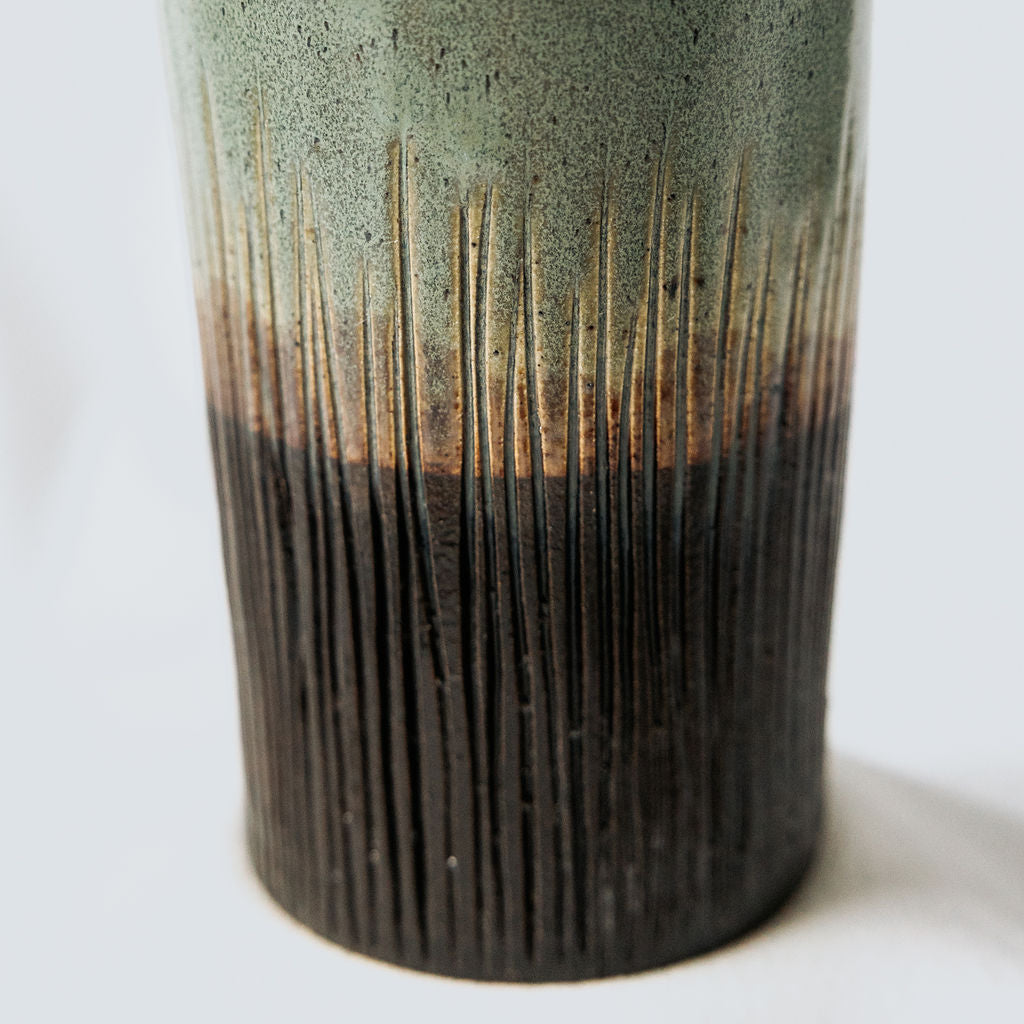 Iced Coffee To Go Cup - Product of Canada - Green Carved Pottery Mug Design Lidded