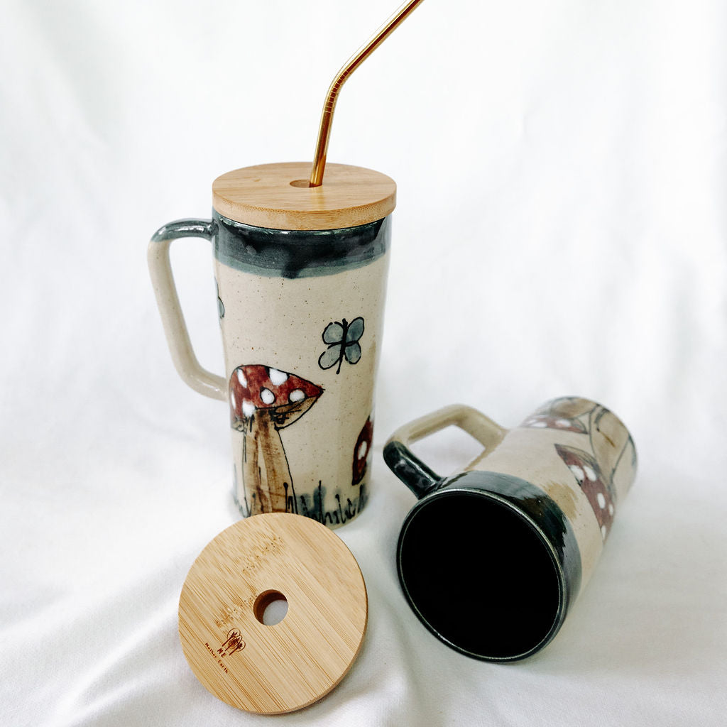 Handmade Pottery Lidded Mug in Hand Painted Mushroom Style