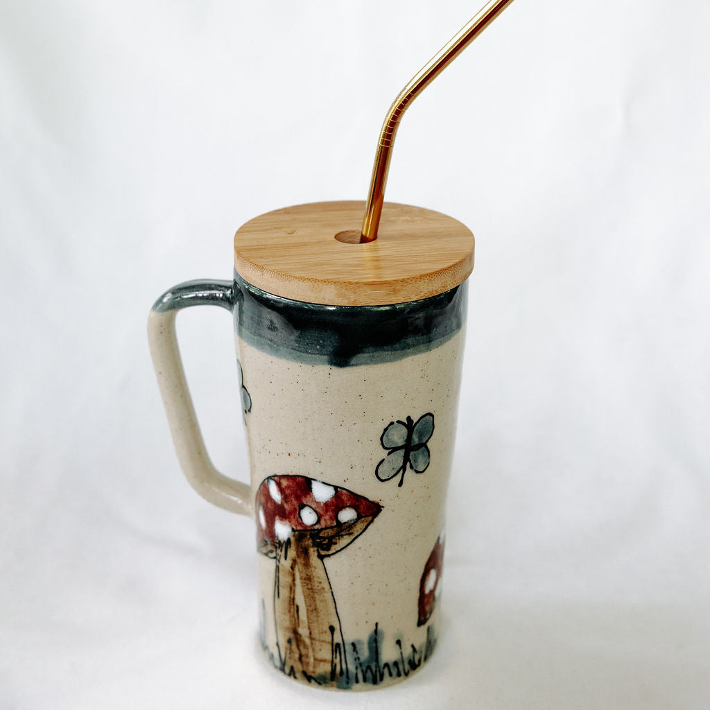 Handmade Pottery Lidded Mug in Hand Painted Mushroom Style