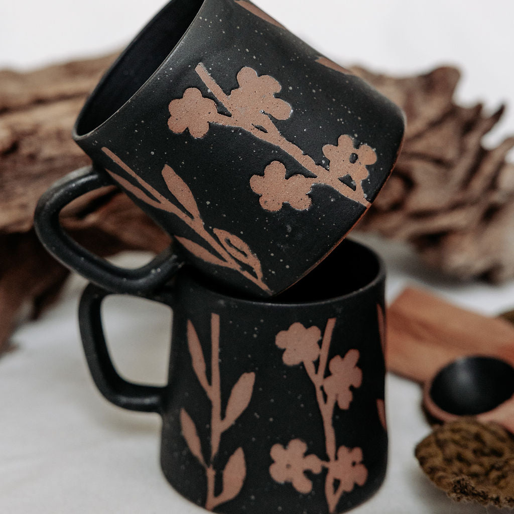 Rustic Floral Pottery Mugs