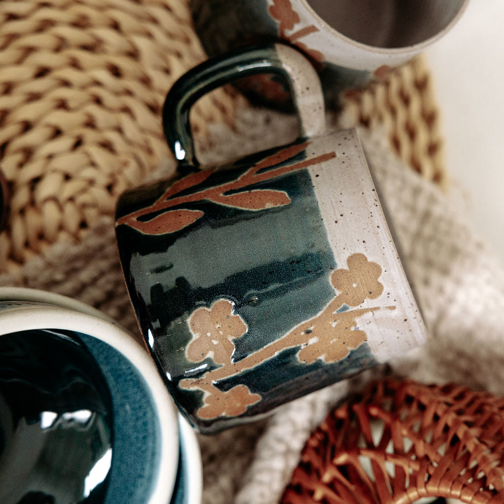 Rustic Floral Pottery Mugs