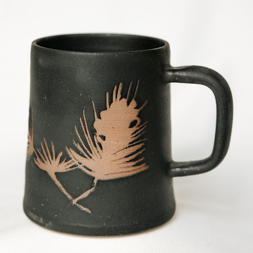 Winter Pine Boughs Mug in Black, Deep Evergreen, and Sand and Sage Glaze