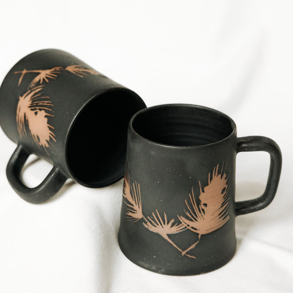 Winter Pine Boughs Mug in Black, Deep Evergreen, and Sand and Sage Glaze