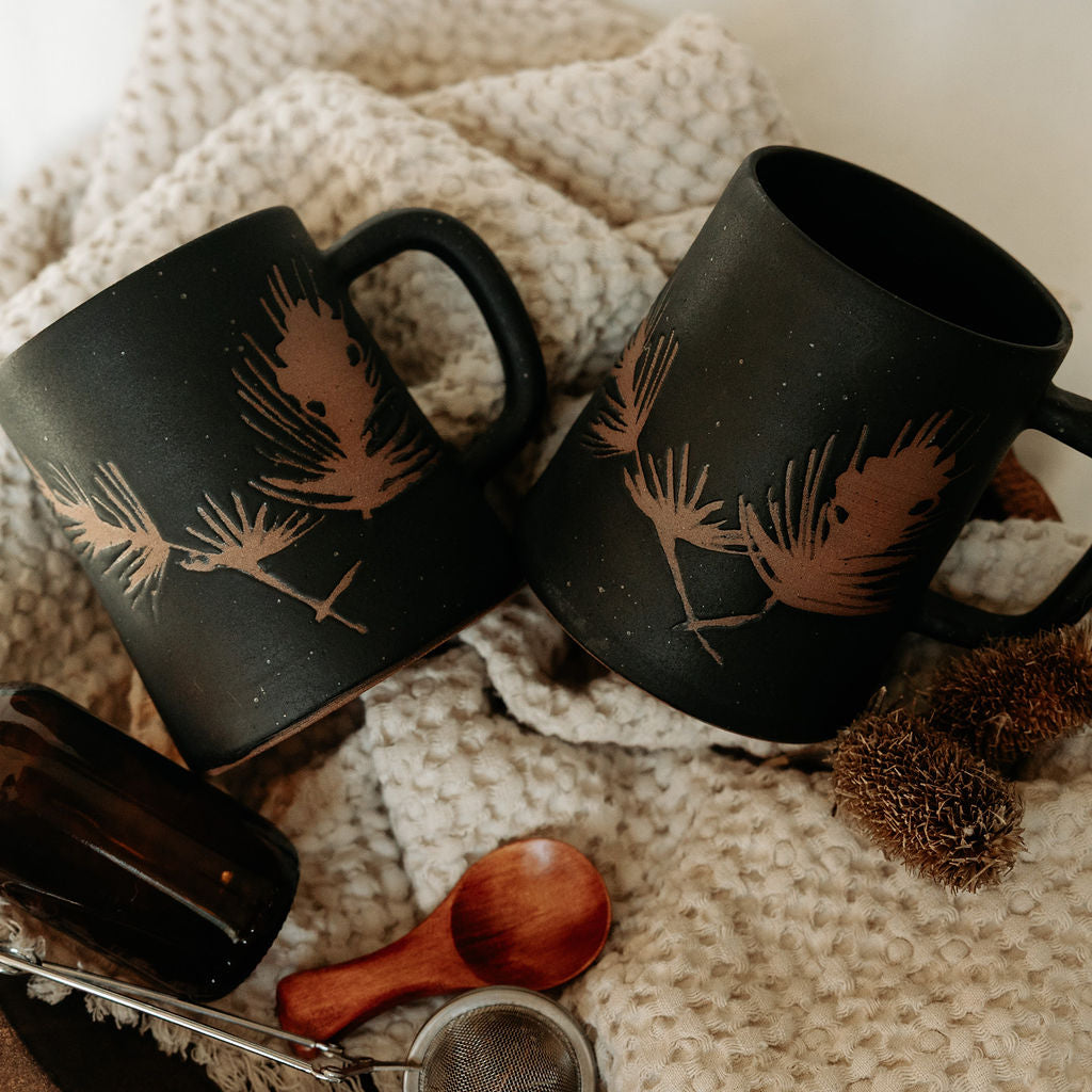Winter Pine Boughs Mug in Black, Deep Evergreen, and Sand and Sage Glaze
