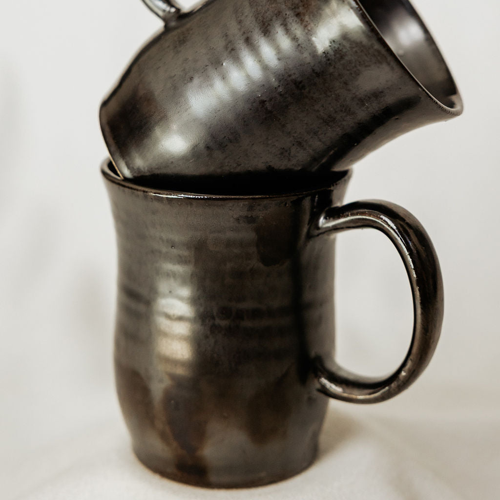 Handmade Antique Pewter Pottery Mug - Made in Canada  - Wheel Thrown Stoneware Mug