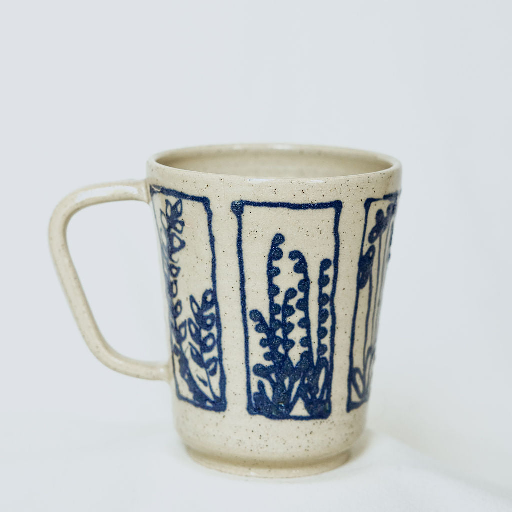 Handmade Botanical Pottery Mug - Made in Canada - Blue Floral Ceramic Coffee Cup - Wheel Thrown Stoneware Mug