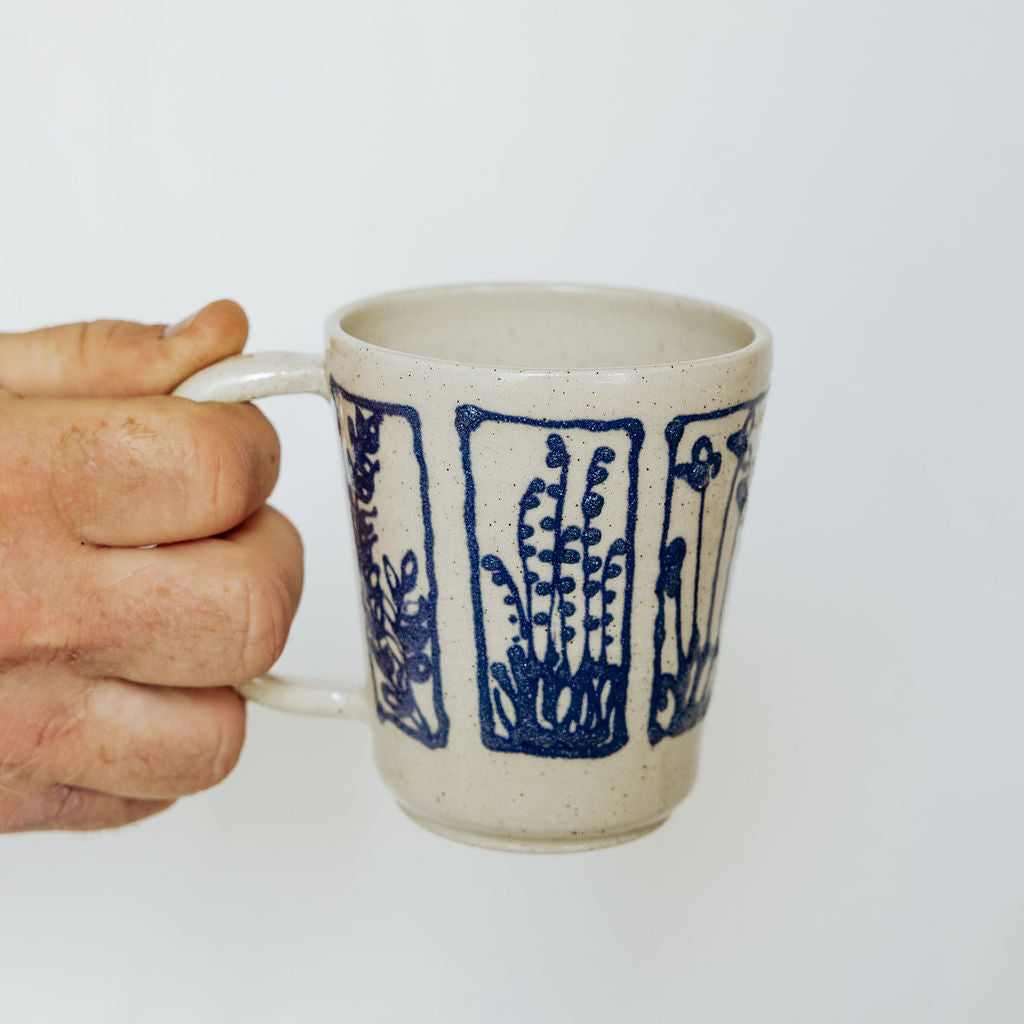 Handmade Botanical Pottery Mug - Made in Canada - Blue Floral Ceramic Coffee Cup - Wheel Thrown Stoneware Mug