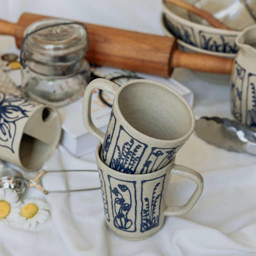 Handmade Botanical Pottery Mug - Made in Canada - Blue Floral Ceramic Coffee Cup - Wheel Thrown Stoneware Mug