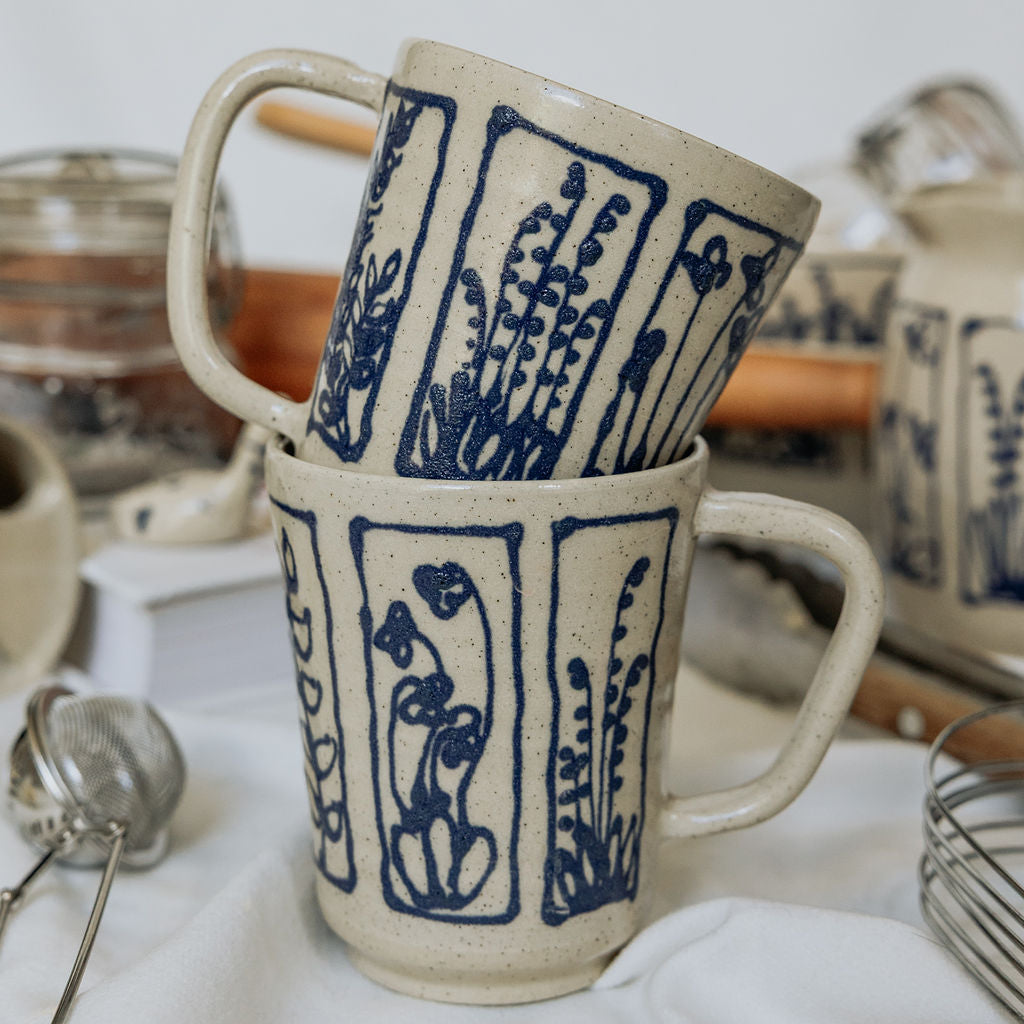 Handmade Botanical Pottery Mug - Made in Canada - Blue Floral Ceramic Coffee Cup - Wheel Thrown Stoneware Mug