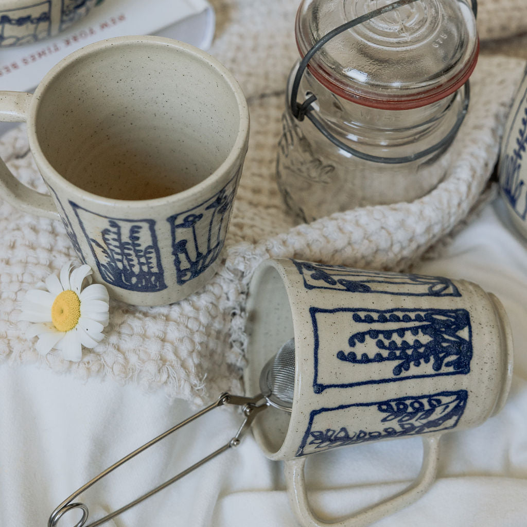 Handmade Botanical Pottery Mug - Made in Canada - Blue Floral Ceramic Coffee Cup - Wheel Thrown Stoneware Mug