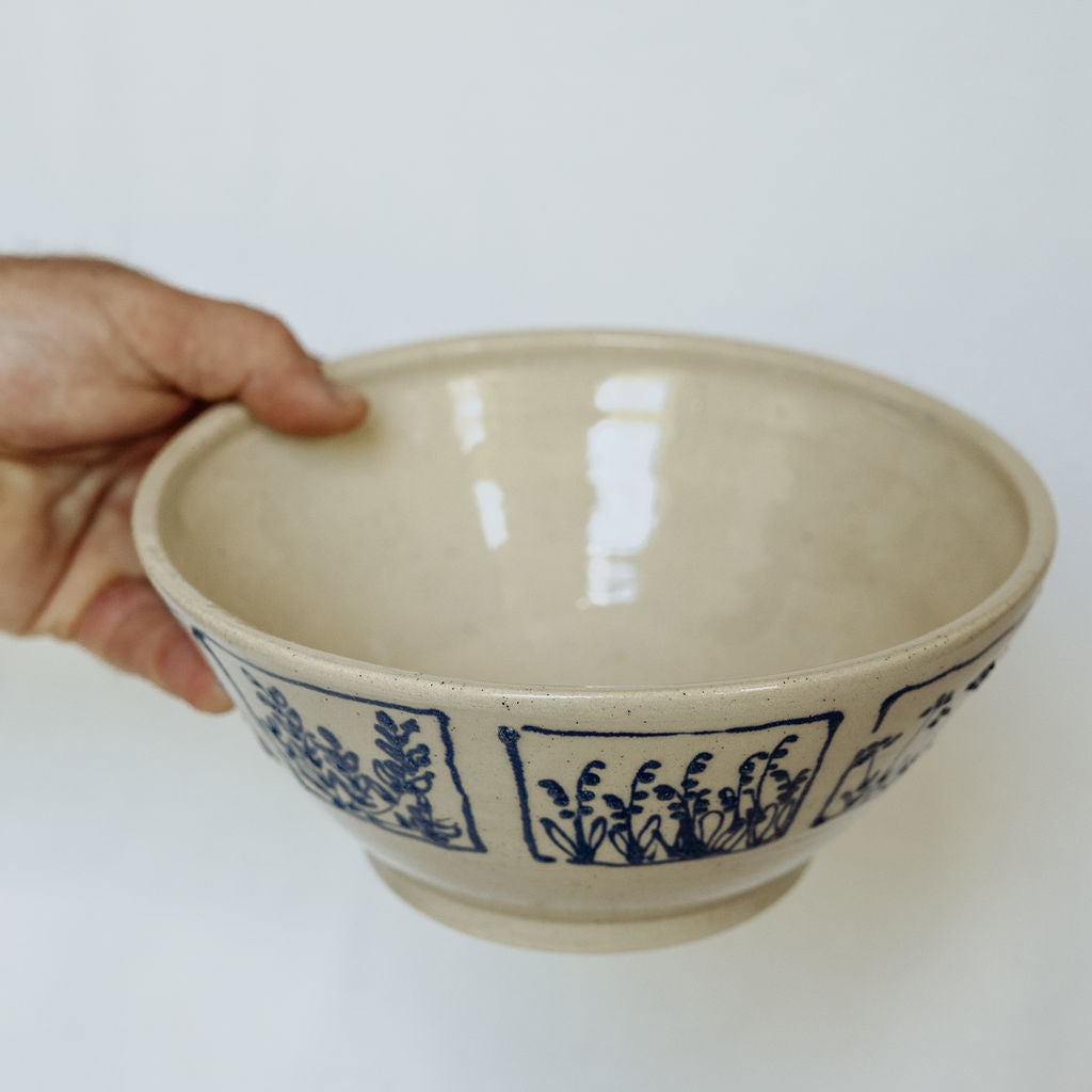 Handmade Large Botanical Pottery Bowl - Made in Canada - Blue Floral Ceramic Bowl - Wheel Thrown Stoneware Bowl
