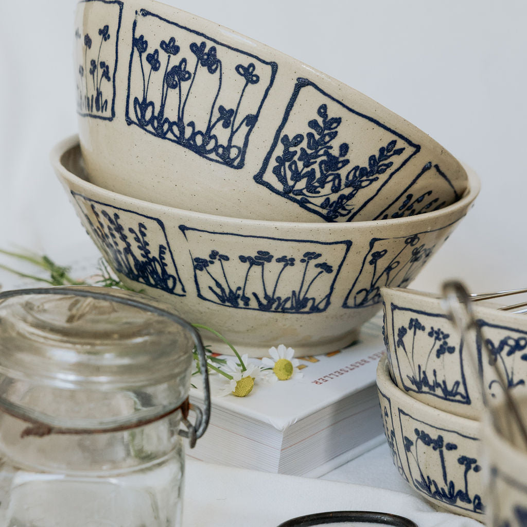Handmade Large Botanical Pottery Bowl - Made in Canada - Blue Floral Ceramic Bowl - Wheel Thrown Stoneware Bowl