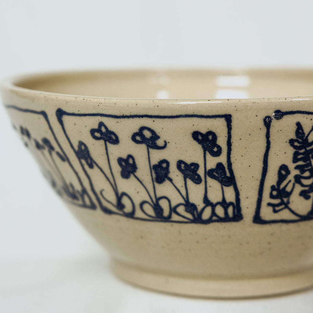 Handmade Large Botanical Pottery Bowl - Made in Canada - Blue Floral Ceramic Bowl - Wheel Thrown Stoneware Bowl