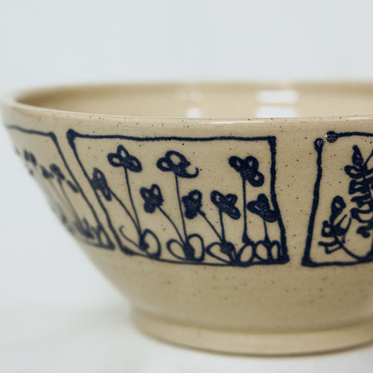 Handmade Large Botanical Pottery Bowl - Made in Canada - Blue Floral Ceramic Bowl - Wheel Thrown Stoneware Bowl