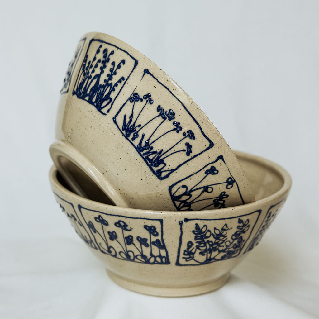 Handmade Large Botanical Pottery Bowl - Made in Canada - Blue Floral Ceramic Bowl - Wheel Thrown Stoneware Bowl