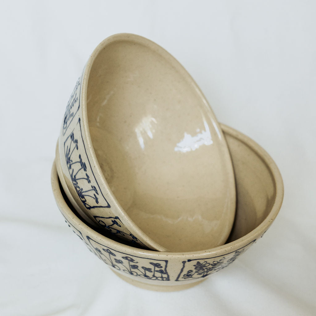 Handmade Large Botanical Pottery Bowl - Made in Canada - Blue Floral Ceramic Bowl - Wheel Thrown Stoneware Bowl