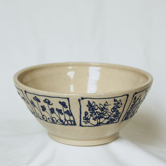 Handmade Large Botanical Pottery Bowl - Made in Canada - Blue Floral Ceramic Bowl - Wheel Thrown Stoneware Bowl
