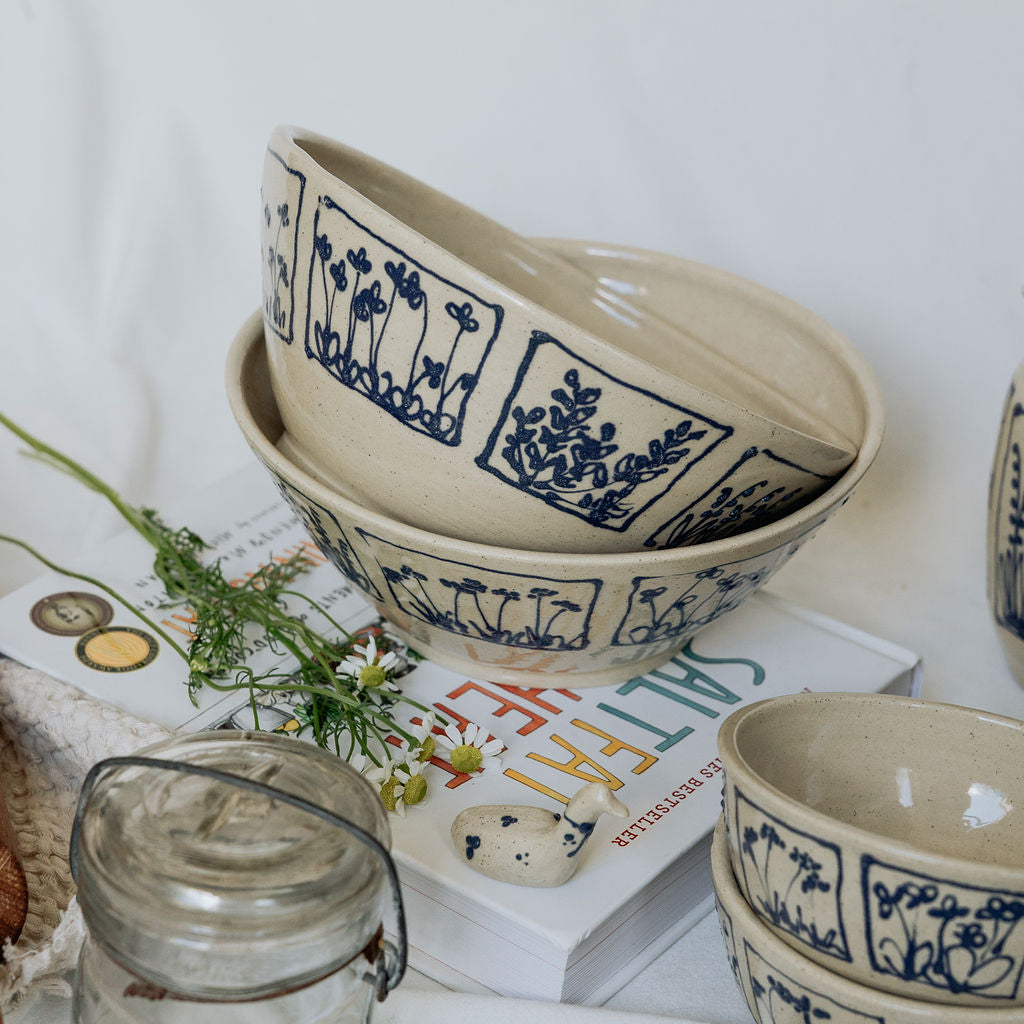 Handmade Large Botanical Pottery Bowl - Made in Canada - Blue Floral Ceramic Bowl - Wheel Thrown Stoneware Bowl