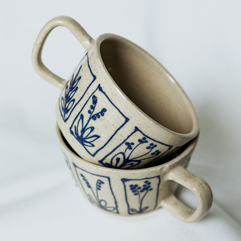 Handmade Botanical Pottery Latte Mug - Made in Canada - Blue Floral Ceramic Latte Cup - Wheel Thrown Stoneware Latte Mug