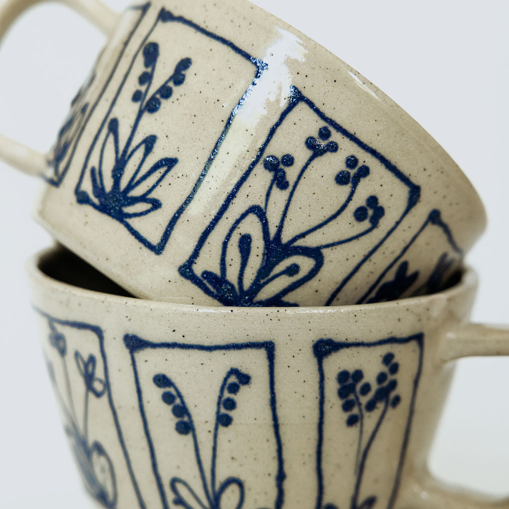 Handmade Botanical Pottery Latte Mug - Made in Canada - Blue Floral Ceramic Latte Cup - Wheel Thrown Stoneware Latte Mug