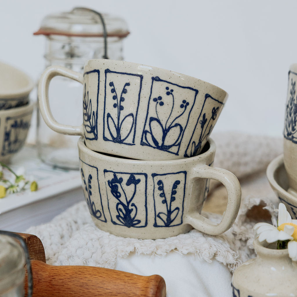 Handmade Botanical Pottery Latte Mug - Made in Canada - Blue Floral Ceramic Latte Cup - Wheel Thrown Stoneware Latte Mug