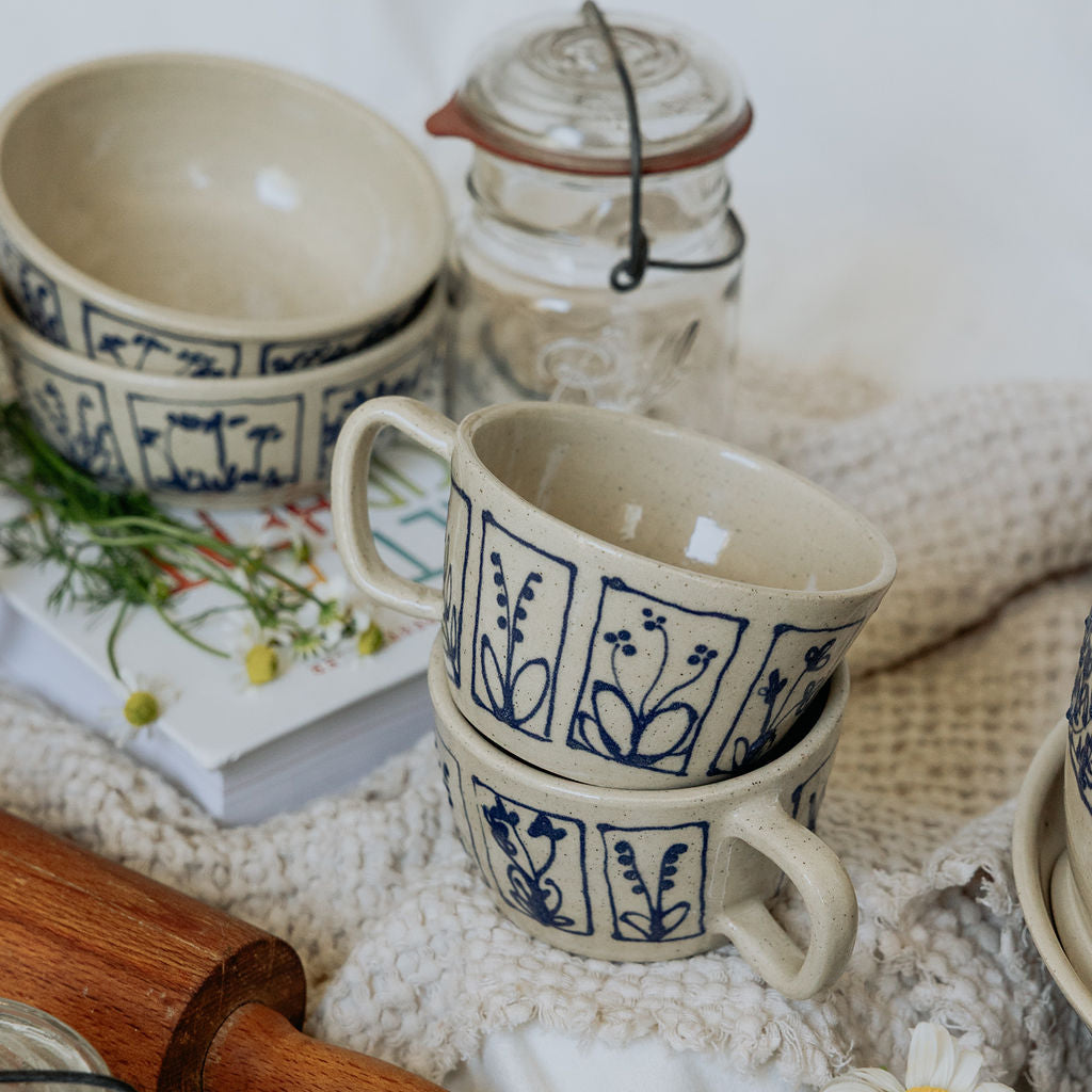 Handmade Botanical Pottery Latte Mug - Made in Canada - Blue Floral Ceramic Latte Cup - Wheel Thrown Stoneware Latte Mug