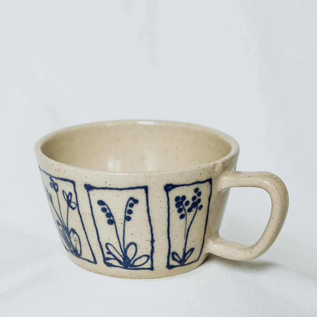 Handmade Botanical Pottery Latte Mug - Made in Canada - Blue Floral Ceramic Latte Cup - Wheel Thrown Stoneware Latte Mug