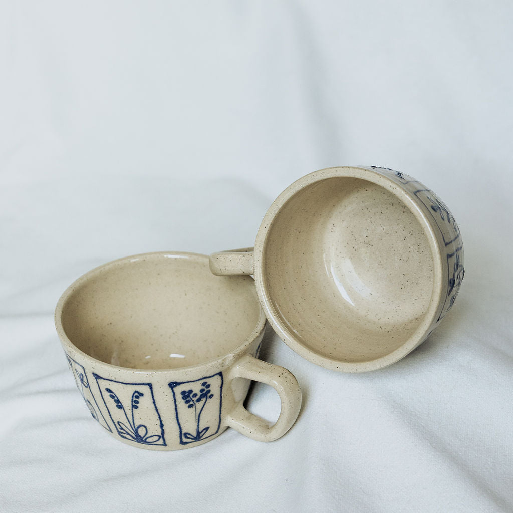 Handmade Botanical Pottery Latte Mug - Made in Canada - Blue Floral Ceramic Latte Cup - Wheel Thrown Stoneware Latte Mug