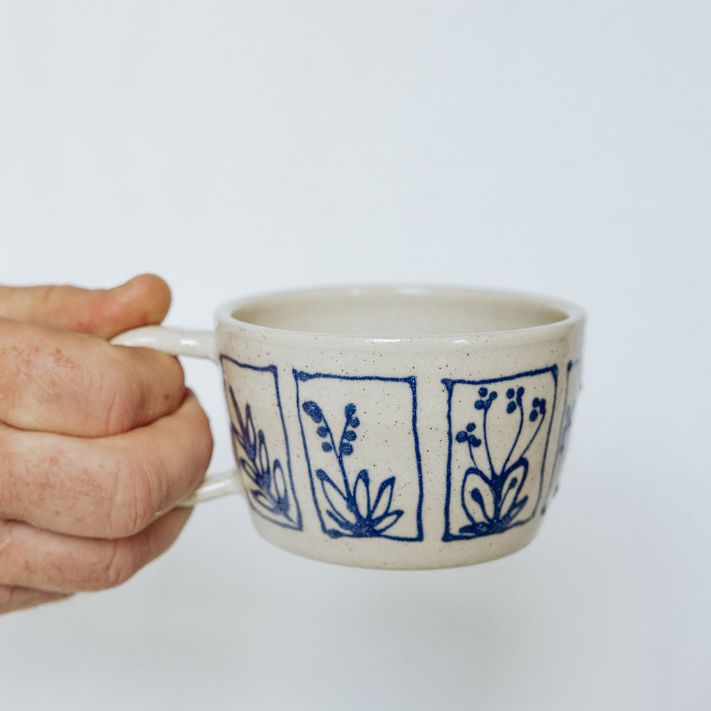 Handmade Botanical Pottery Latte Mug - Made in Canada - Blue Floral Ceramic Latte Cup - Wheel Thrown Stoneware Latte Mug