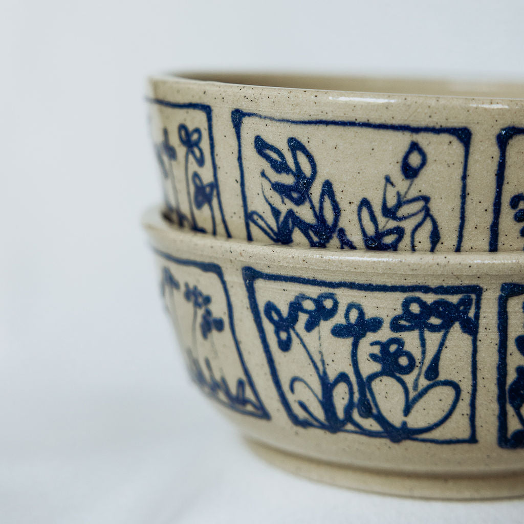 Handmade Medium Botanical Pottery Bowl - Made in Canada - Blue Floral Ceramic Bowl - Wheel Thrown Stoneware Bowl