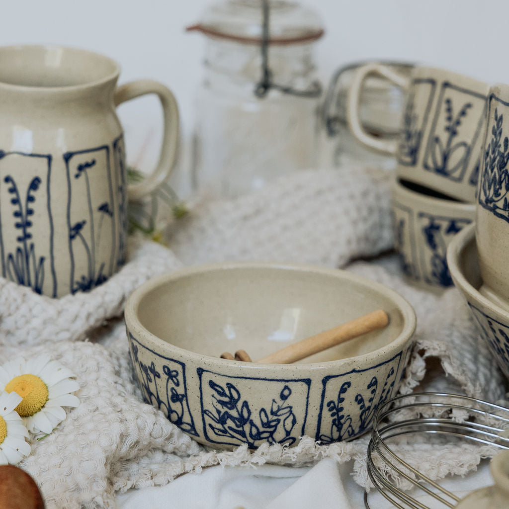 Handmade Medium Botanical Pottery Bowl - Made in Canada - Blue Floral Ceramic Bowl - Wheel Thrown Stoneware Bowl