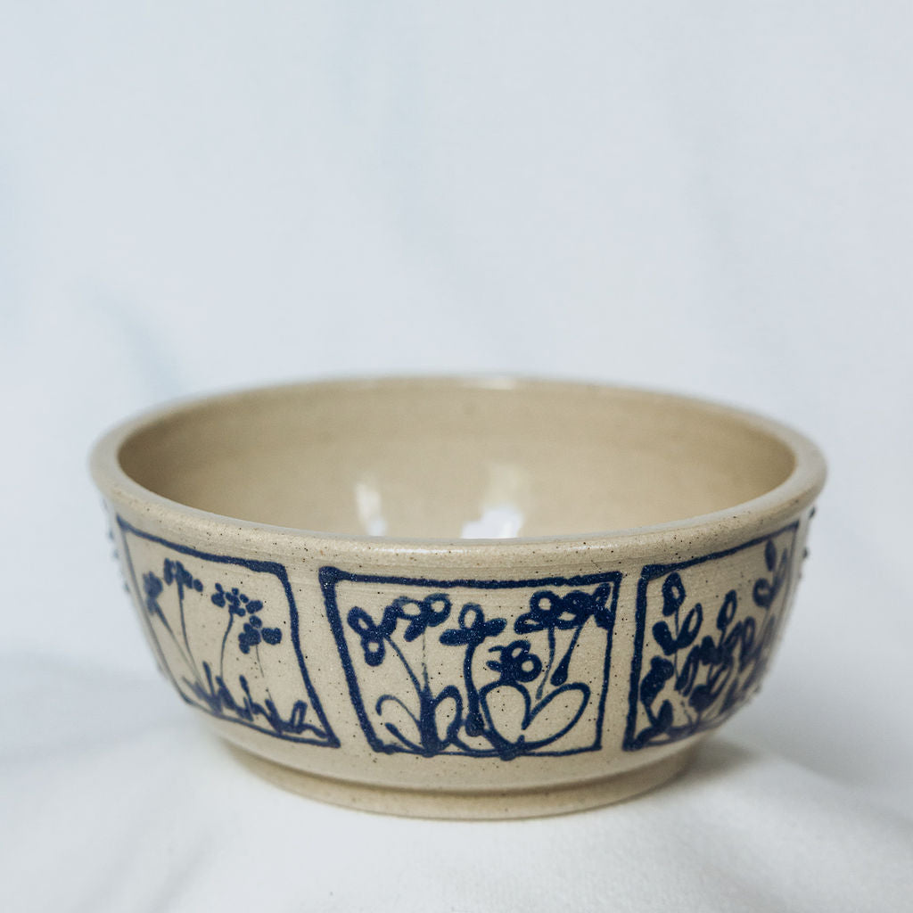 Handmade Medium Botanical Pottery Bowl - Made in Canada - Blue Floral Ceramic Bowl - Wheel Thrown Stoneware Bowl