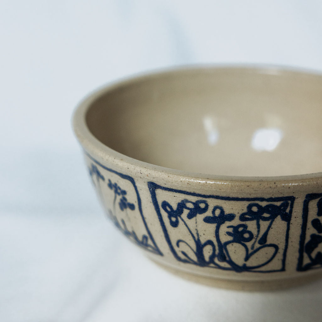Handmade Medium Botanical Pottery Bowl - Made in Canada - Blue Floral Ceramic Bowl - Wheel Thrown Stoneware Bowl