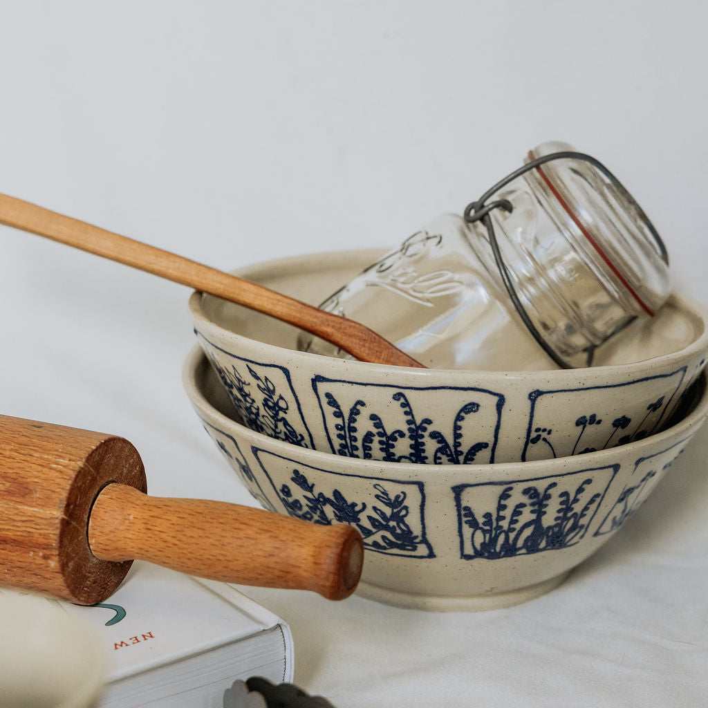 Handmade Medium Botanical Pottery Bowl - Made in Canada - Blue Floral Ceramic Bowl - Wheel Thrown Stoneware Bowl