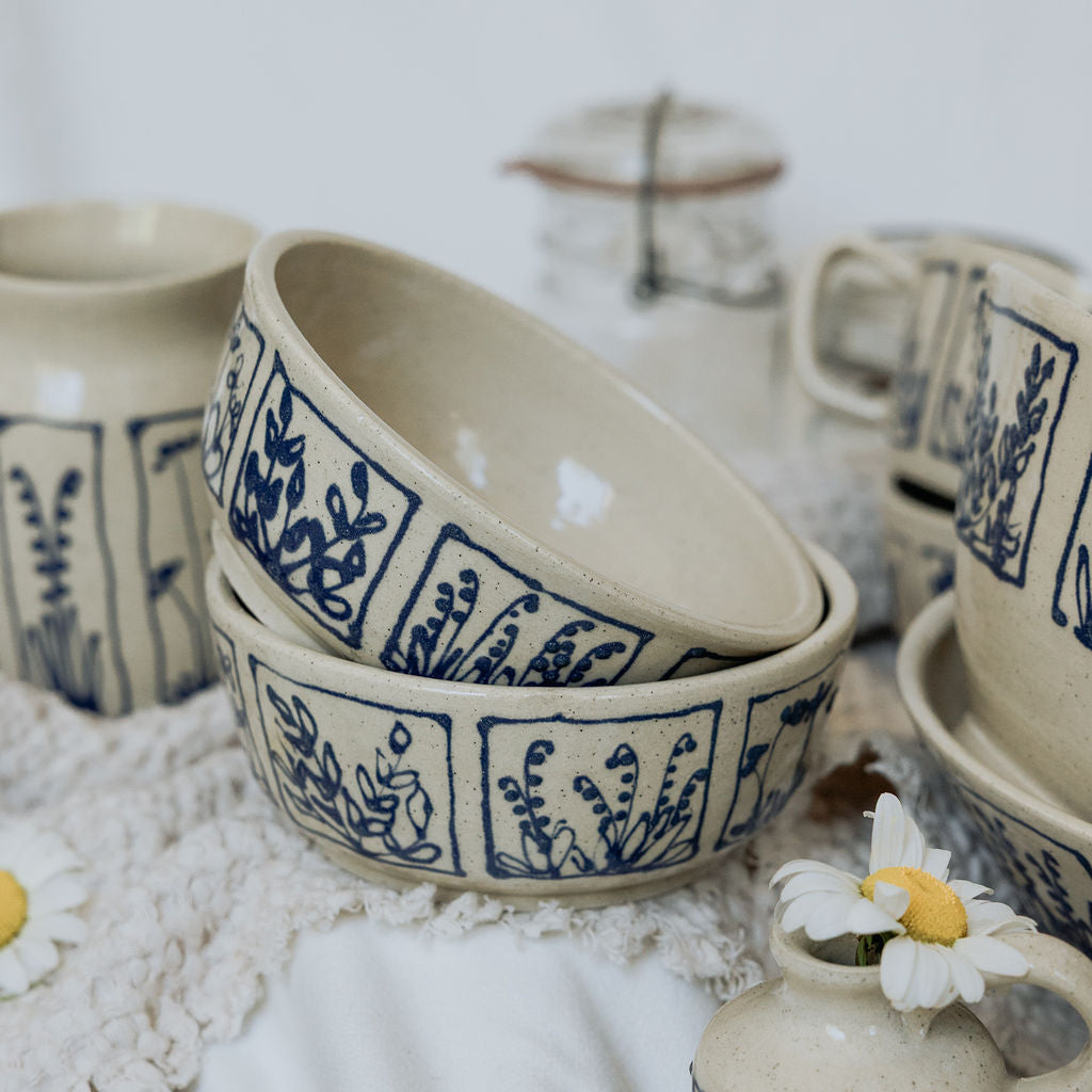 Handmade Medium Botanical Pottery Bowl - Made in Canada - Blue Floral Ceramic Bowl - Wheel Thrown Stoneware Bowl