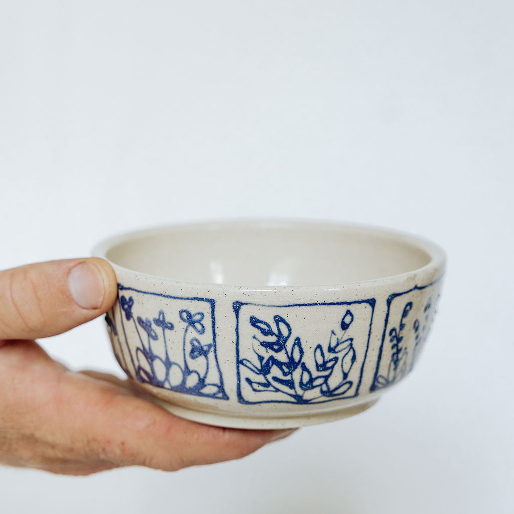 Handmade Medium Botanical Pottery Bowl - Made in Canada - Blue Floral Ceramic Bowl - Wheel Thrown Stoneware Bowl