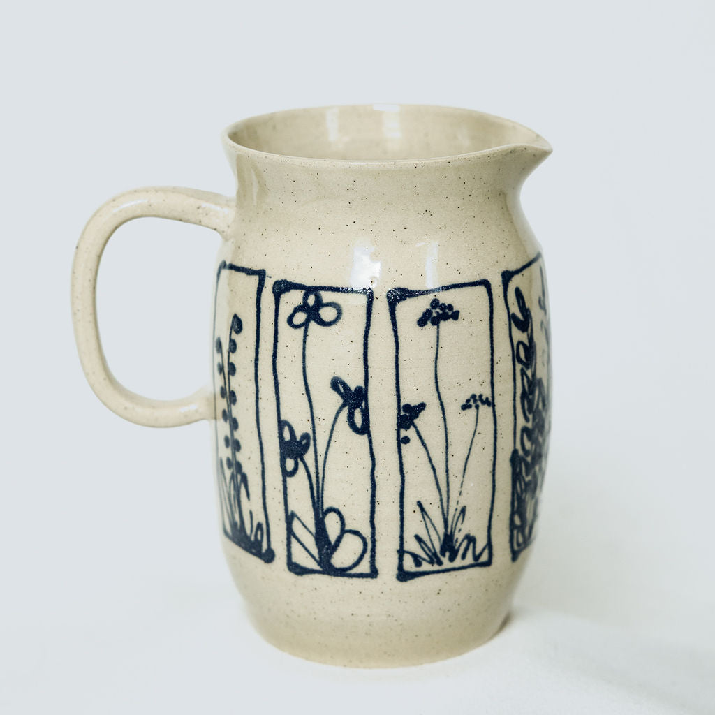 Handmade Botanical Pottery Pitcher - Made in Canada - Blue Floral Ceramic Syrup Pitcher  - Wheel Thrown Stoneware Pitcher