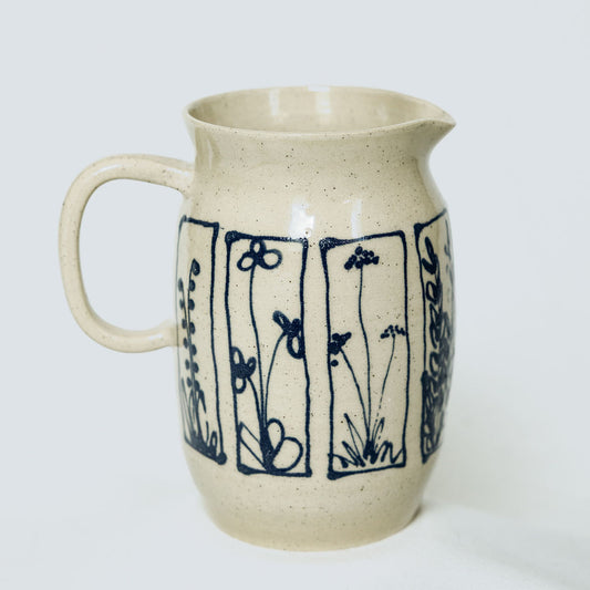 Handmade Botanical Pottery Pitcher - Made in Canada - Blue Floral Ceramic Syrup Pitcher  - Wheel Thrown Stoneware Pitcher