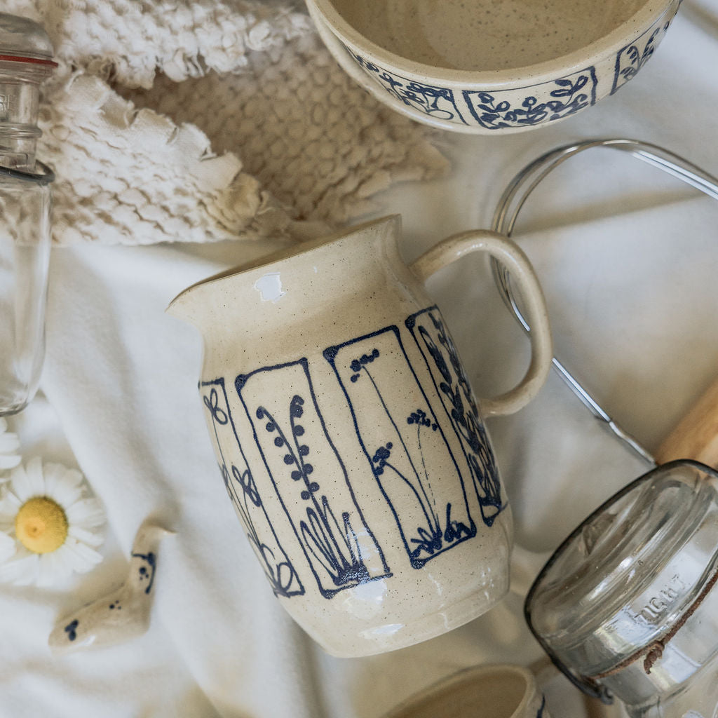 Handmade Botanical Pottery Pitcher - Made in Canada - Blue Floral Ceramic Syrup Pitcher  - Wheel Thrown Stoneware Pitcher