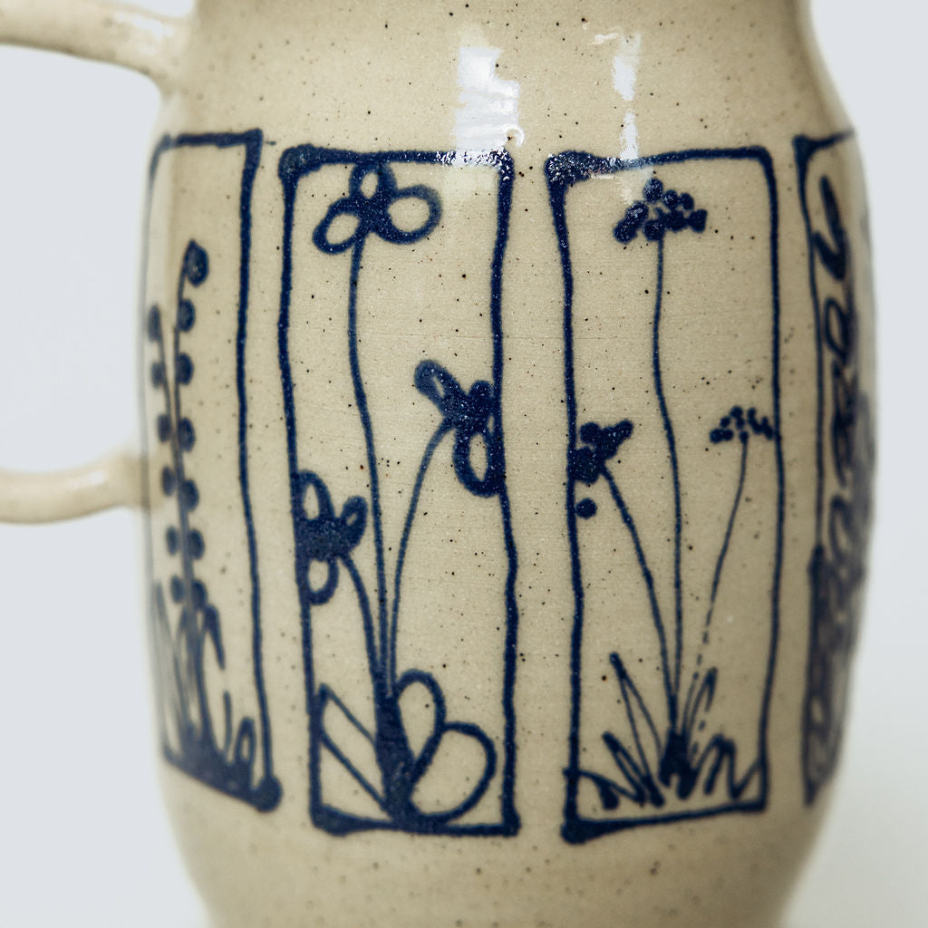 Handmade Botanical Pottery Pitcher - Made in Canada - Blue Floral Ceramic Syrup Pitcher  - Wheel Thrown Stoneware Pitcher