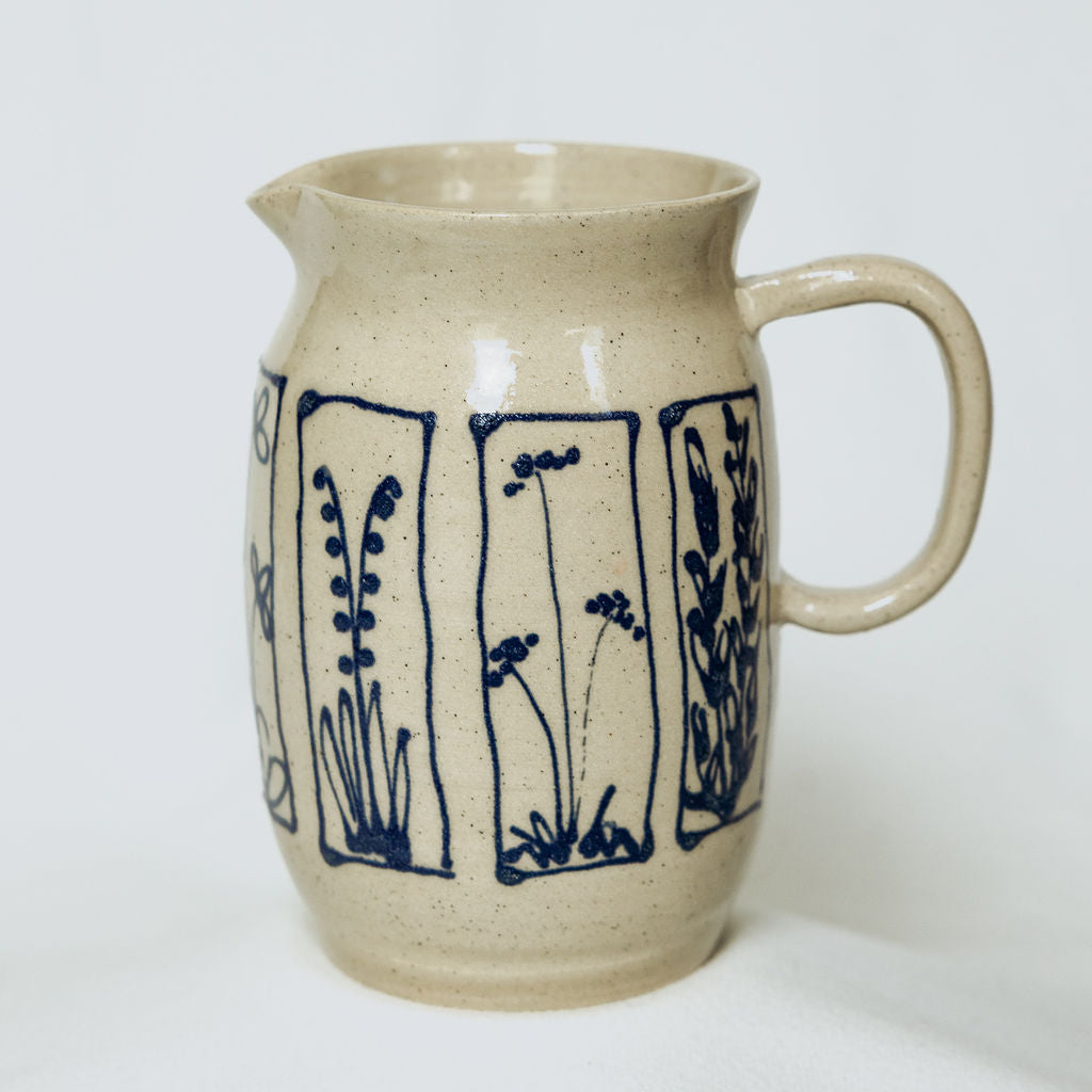 Handmade Botanical Pottery Pitcher - Made in Canada - Blue Floral Ceramic Syrup Pitcher  - Wheel Thrown Stoneware Pitcher
