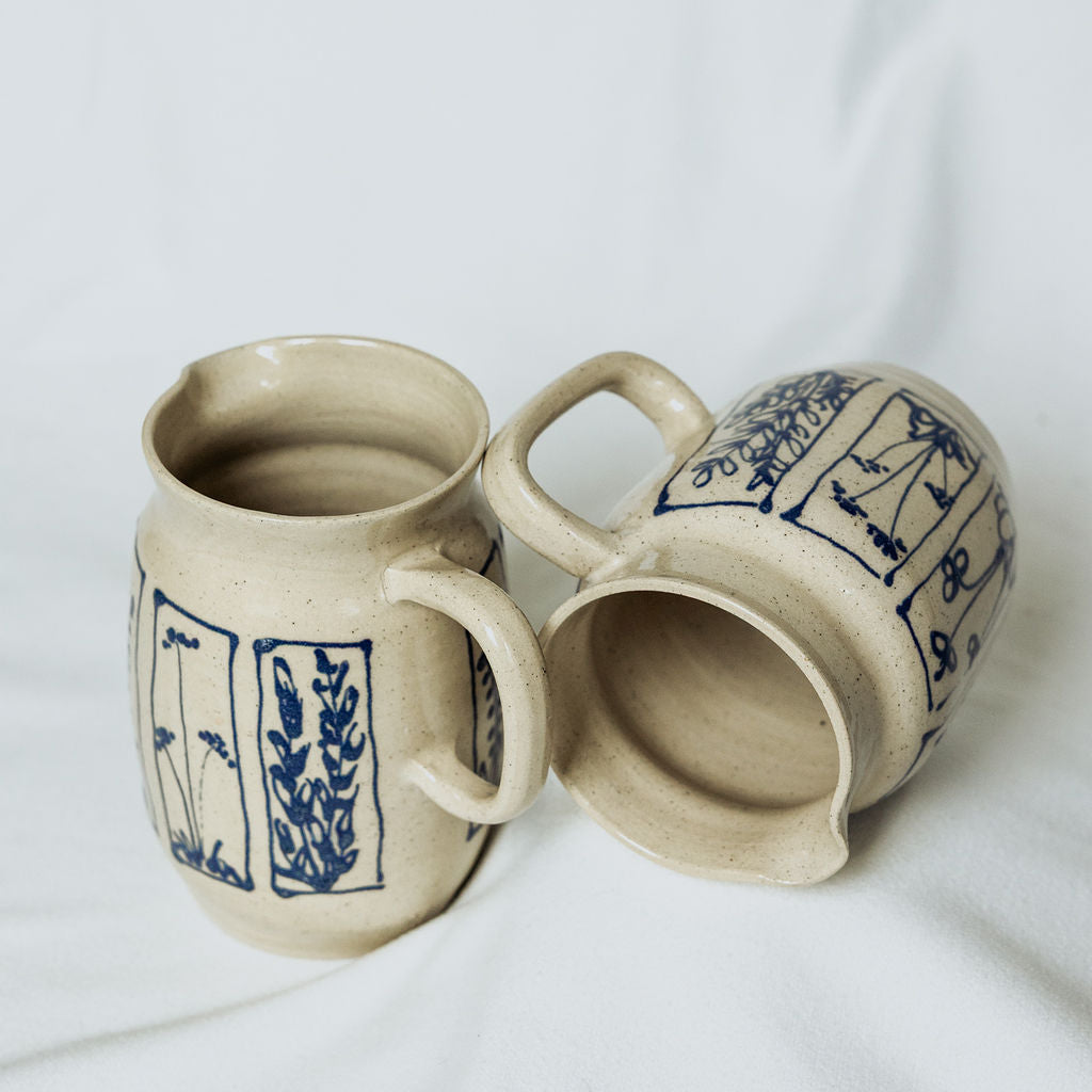 Handmade Botanical Pottery Pitcher - Made in Canada - Blue Floral Ceramic Syrup Pitcher  - Wheel Thrown Stoneware Pitcher