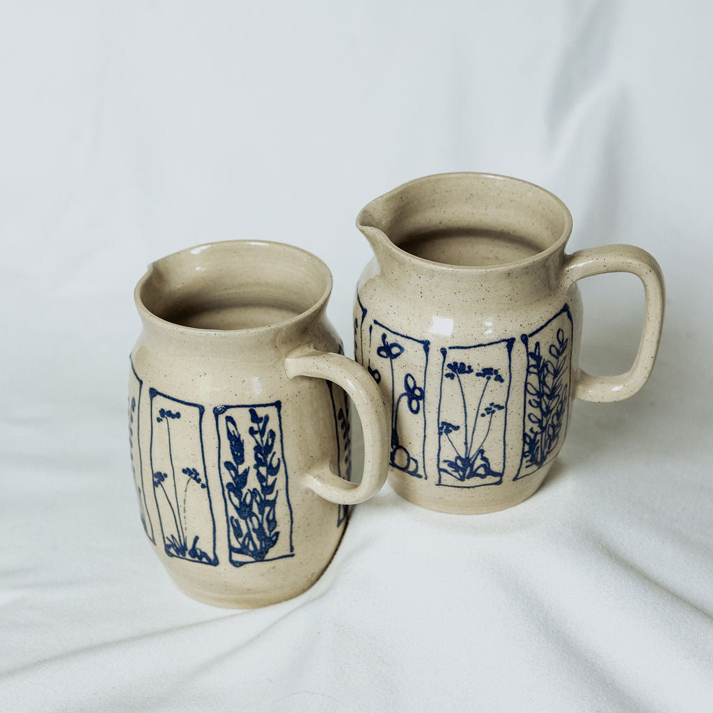 Handmade Botanical Pottery Pitcher - Made in Canada - Blue Floral Ceramic Syrup Pitcher  - Wheel Thrown Stoneware Pitcher