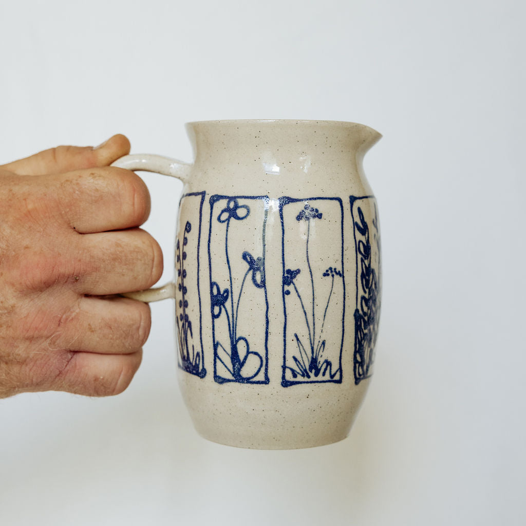 Handmade Botanical Pottery Pitcher - Made in Canada - Blue Floral Ceramic Syrup Pitcher  - Wheel Thrown Stoneware Pitcher