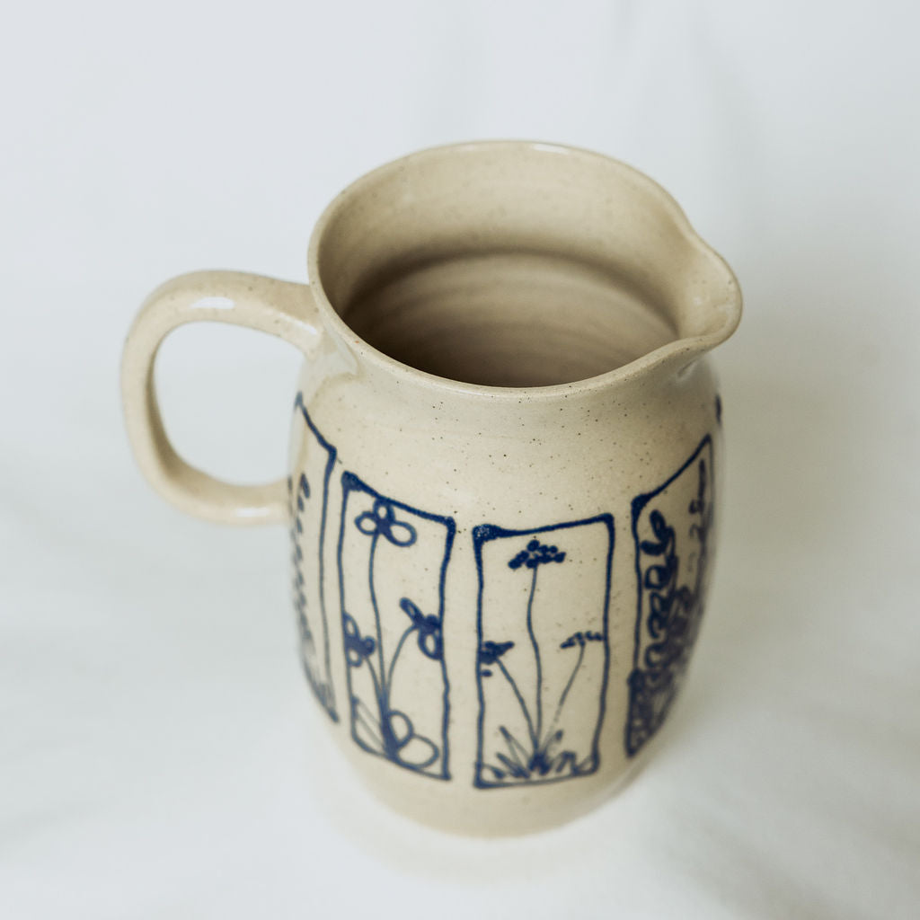 Handmade Botanical Pottery Pitcher - Made in Canada - Blue Floral Ceramic Syrup Pitcher  - Wheel Thrown Stoneware Pitcher