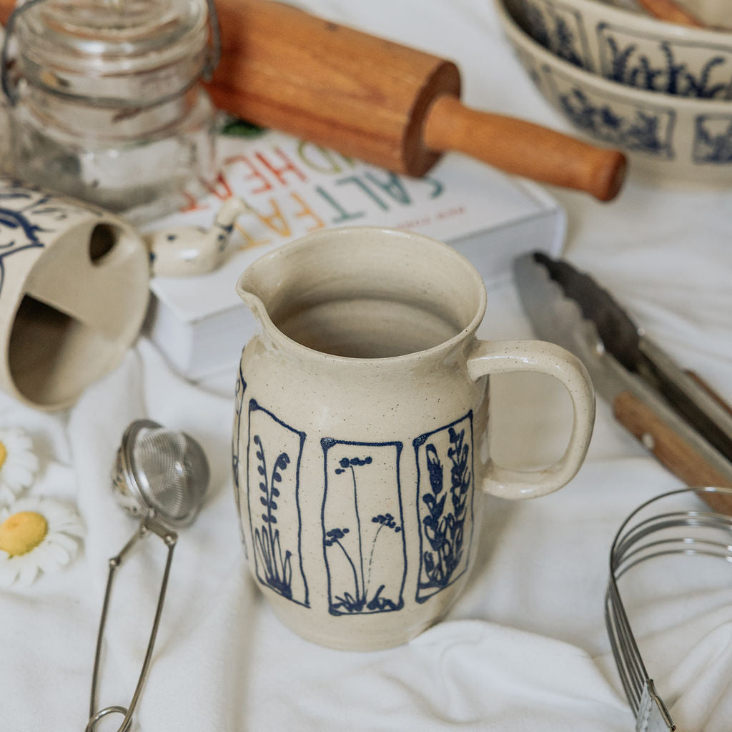 Handmade Botanical Pottery Pitcher - Made in Canada - Blue Floral Ceramic Syrup Pitcher  - Wheel Thrown Stoneware Pitcher