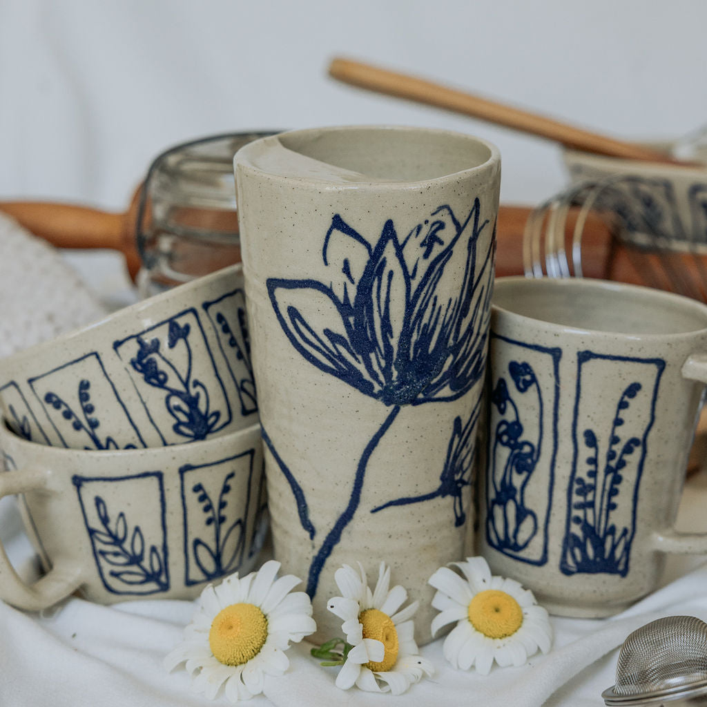 Iced Coffee To Go Cup - Product of Canada - Handmade Blue Floral To Go Mug