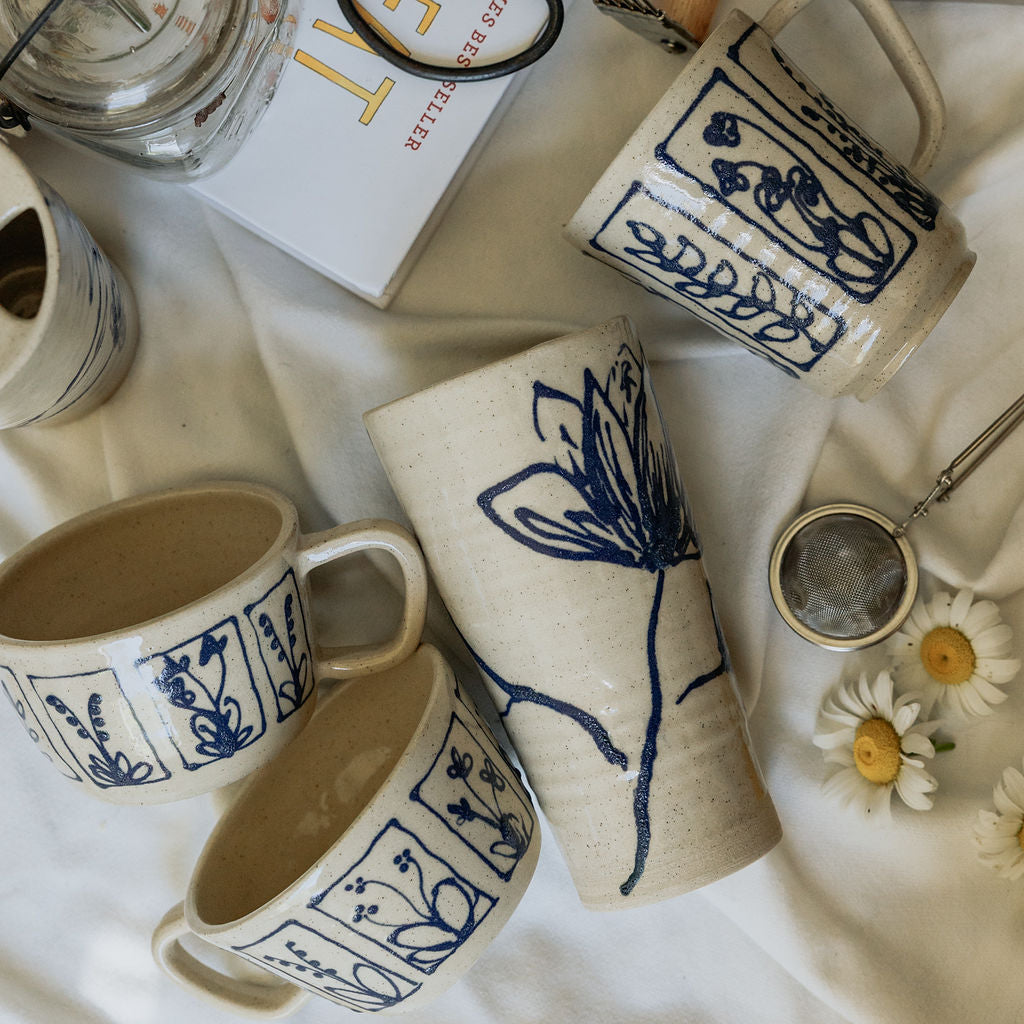 Iced Coffee To Go Cup - Product of Canada - Handmade Blue Floral To Go Mug