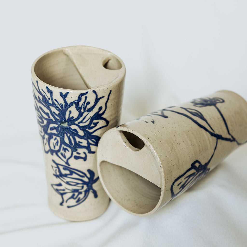 Iced Coffee To Go Cup - Product of Canada - Handmade Blue Floral To Go Mug