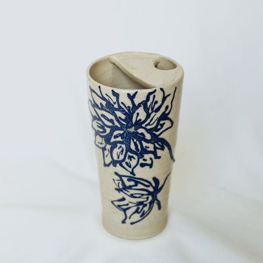 Iced Coffee To Go Cup - Product of Canada - Handmade Blue Floral To Go Mug